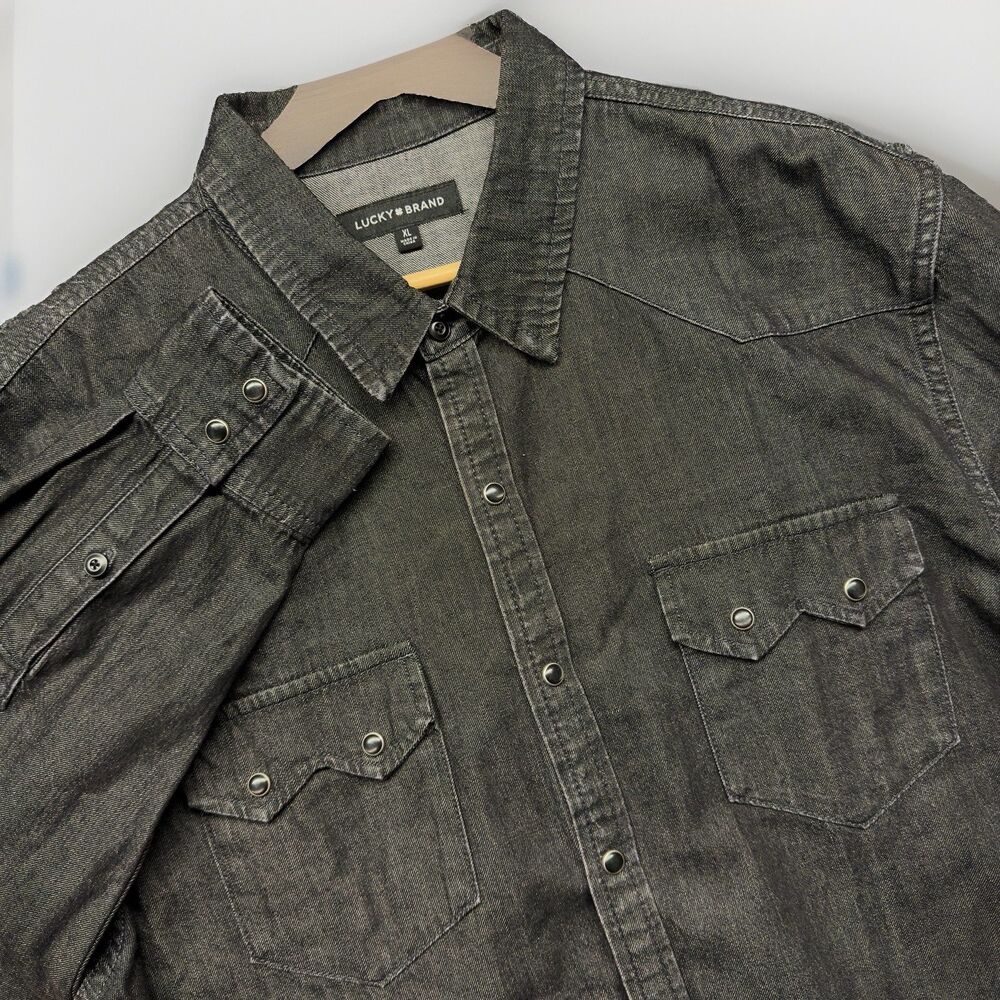 Lucky Brand Denim Western Shirt Mens XL Black Pearl Snap Work Sawtooth Pockets